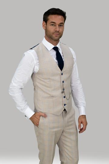 Cavani Caridi Slim Fit Beige Check Three Piece Suit - Image 4